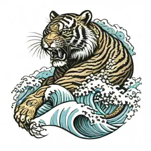 Tiger In Waves Crashing