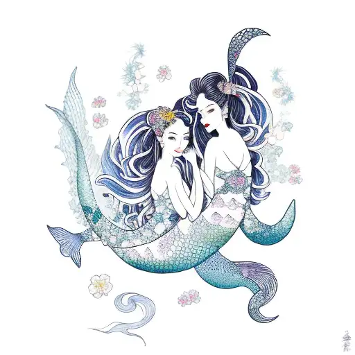 2 Pretty Mermaids Gemini Pisces With Flower Background