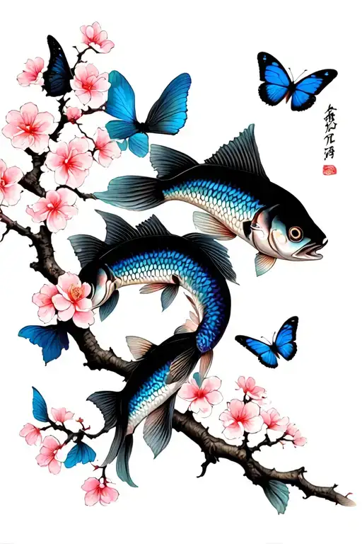 Cherry Tree Branch With Coi Fish And Butterflies Flying