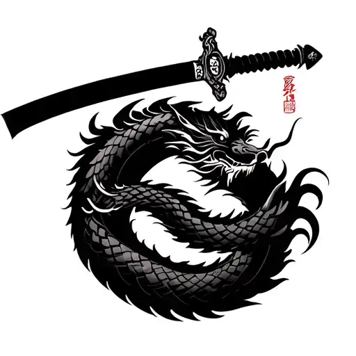 Japanese Dragon Wrapped Around Sword