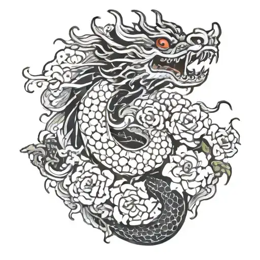 Big Dragon With Flowers Ind Color For Full Back