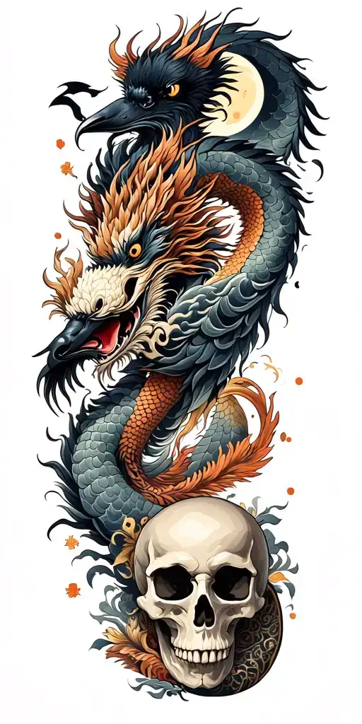Chinese Dragon And Phoenix And Skull And Moon And Raven