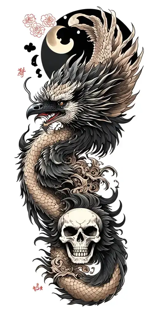 Chinese Dragon And Phoenix And Skull And Moon And Raven