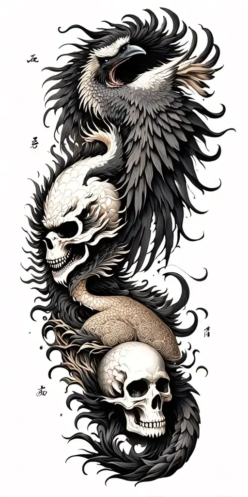 Chinese Dragon And Phoenix And Skull And Moon And Raven