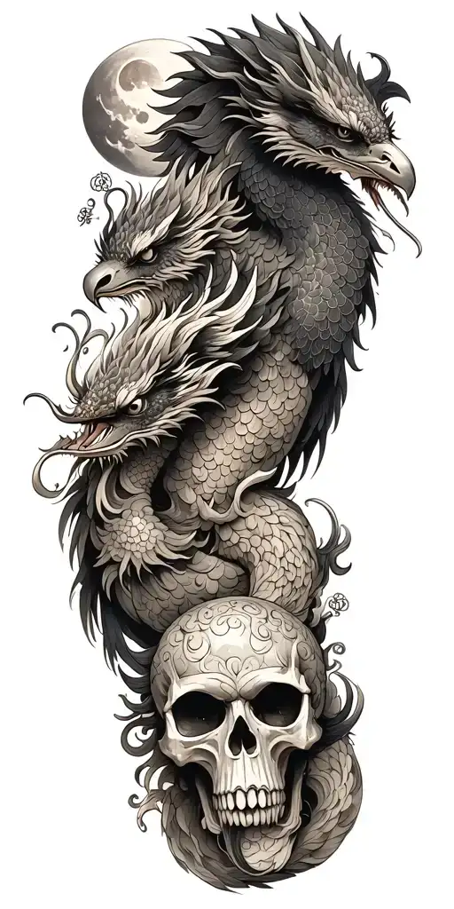 Chinese Dragon And Phoenix And Skull And Moon And Raven
