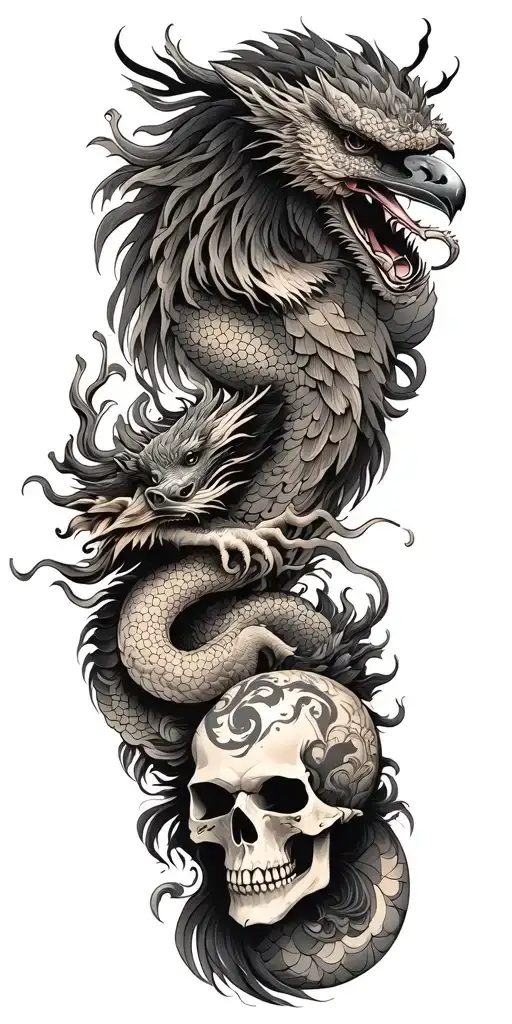 Chinese Dragon And Phoenix And Skull And Moon And Raven