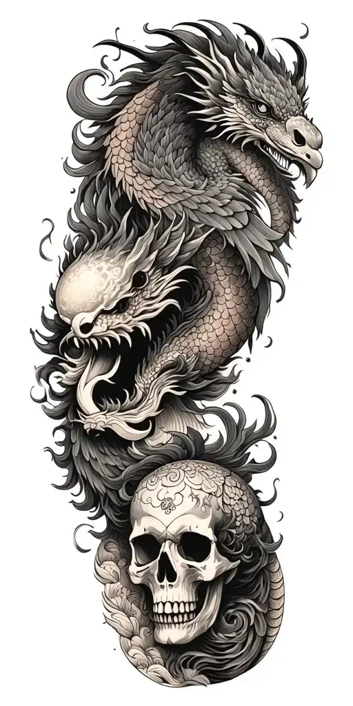 Chinese Dragon And Phoenix And Skull And Moon And Raven