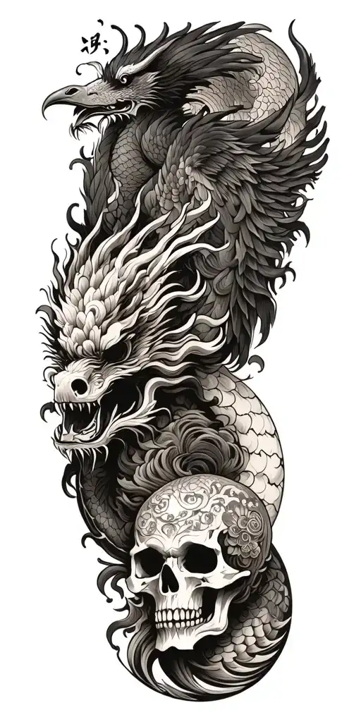 Chinese Dragon And Phoenix And Skull And Moon And Raven