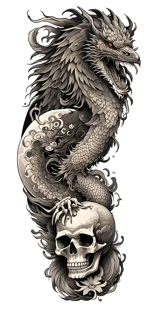 Chinese Dragon And Phoenix And Skull And Moon And Raven