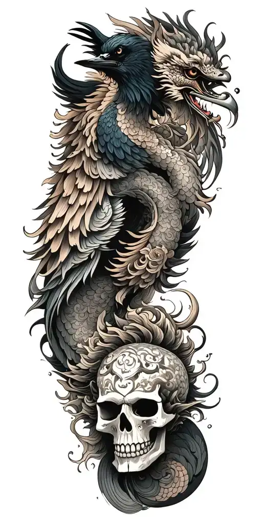 Chinese Dragon And Phoenix And Skull And Moon And Raven