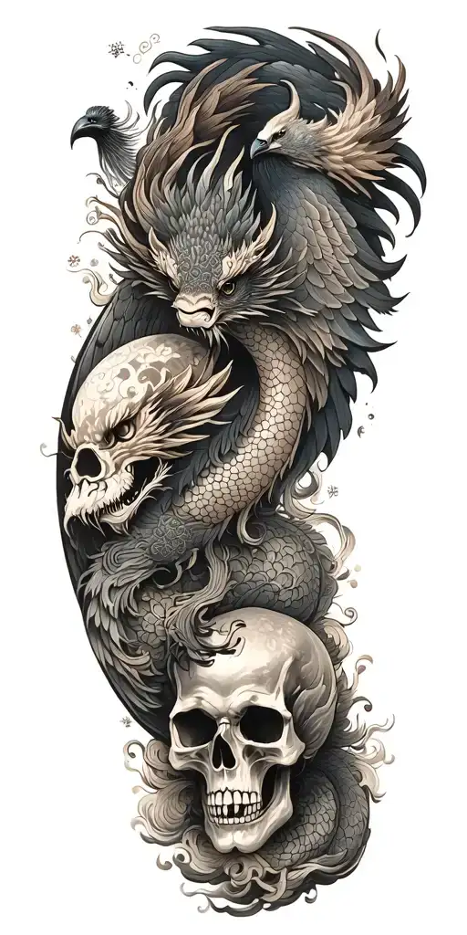 Chinese Dragon And Phoenix And Skull And Moon And Raven