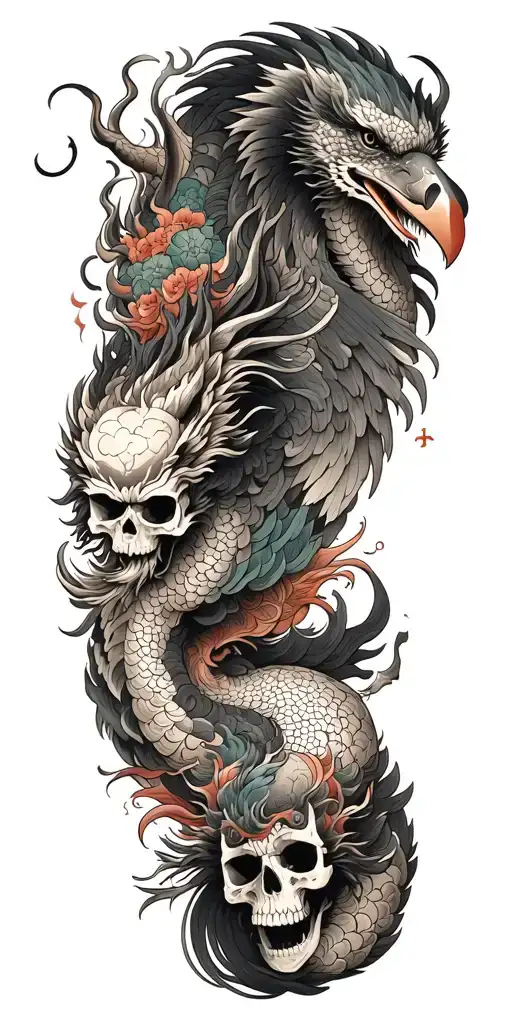 Chinese Dragon And Phoenix And Skull And Moon And Raven