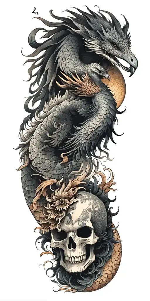 Chinese Dragon And Phoenix And Skull And Moon And Raven