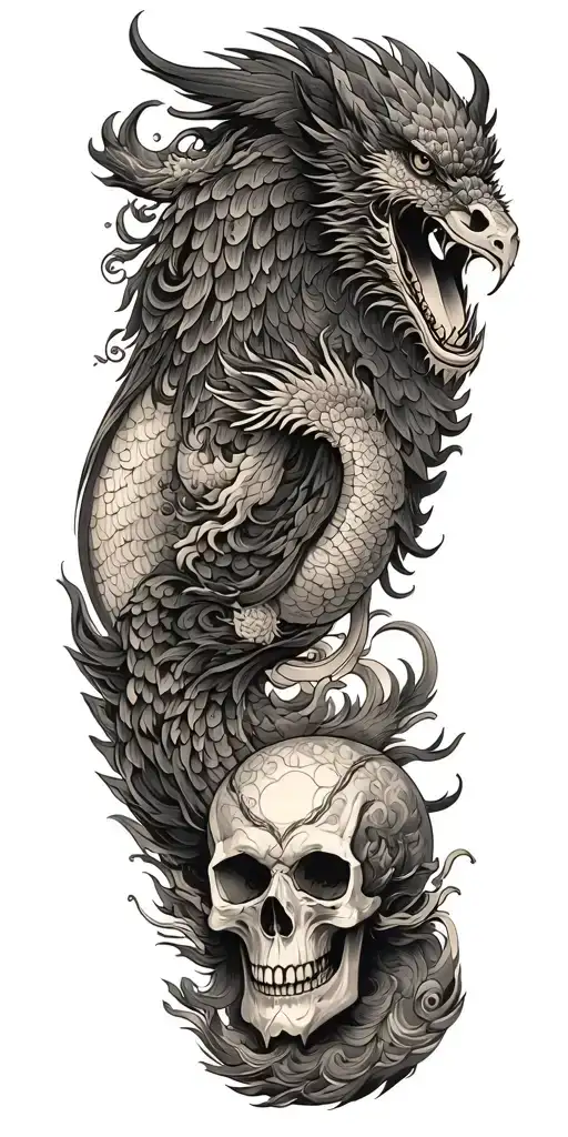 Chinese Dragon And Phoenix And Skull And Moon And Raven