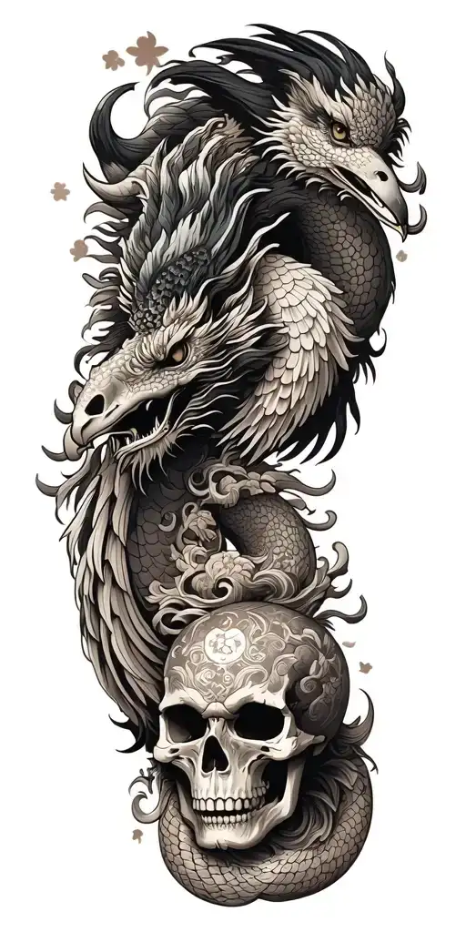Chinese Dragon And Phoenix And Skull And Moon And Raven