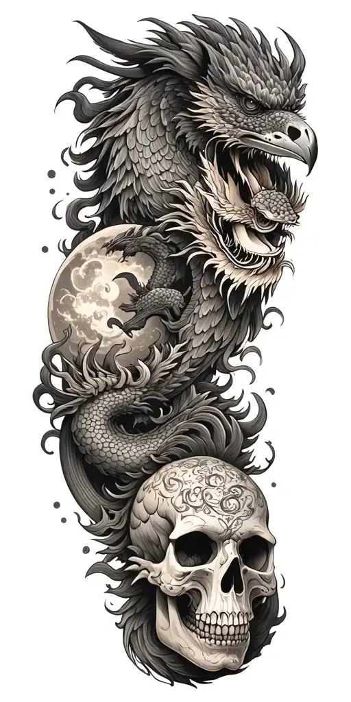 Chinese Dragon And Phoenix And Skull And Moon And Raven