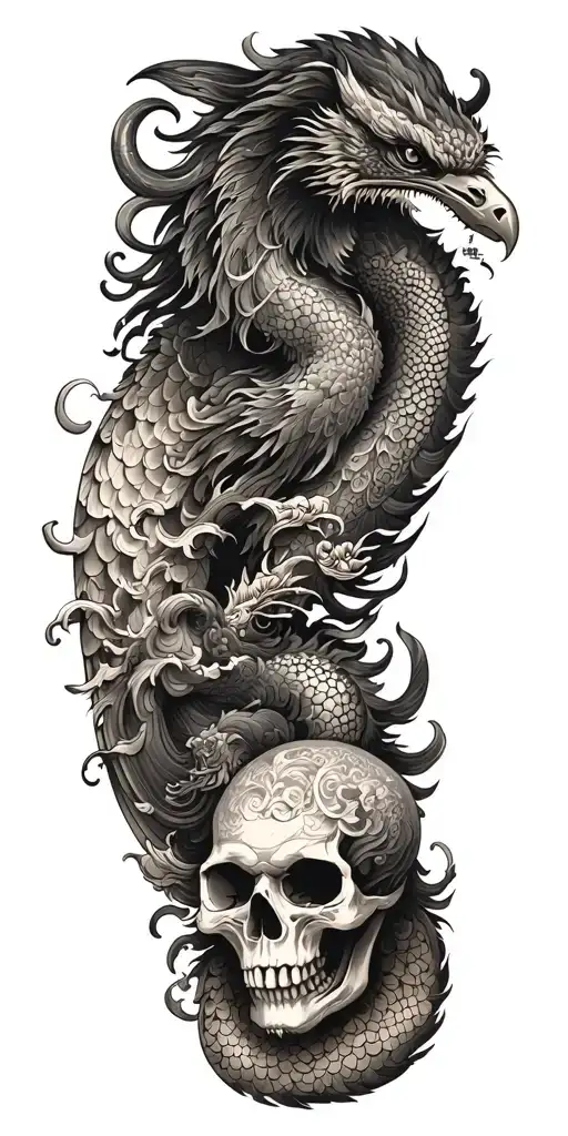 Chinese Dragon And Phoenix And Skull And Moon And Raven