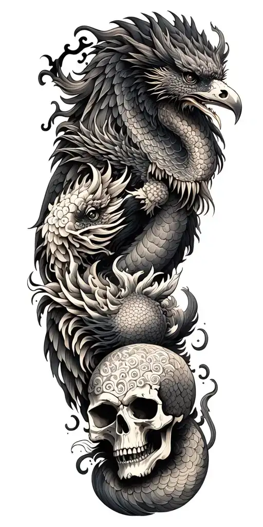 Chinese Dragon And Phoenix And Skull And Moon And Raven