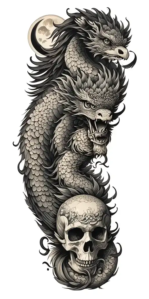 Chinese Dragon And Phoenix And Skull And Moon And Raven