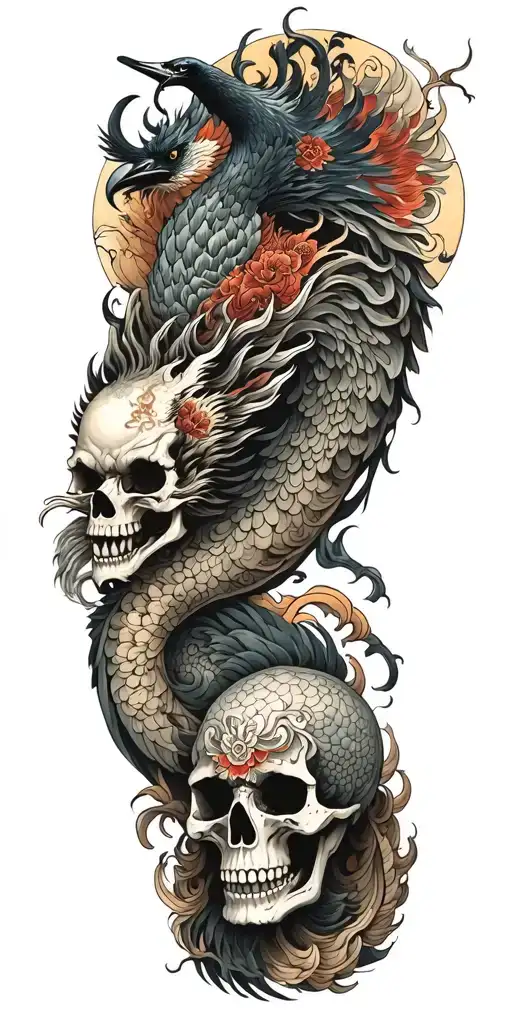 Chinese Dragon And Phoenix And Skull And Moon And Raven