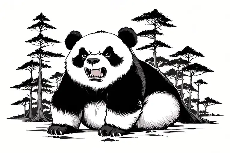 Angry Panda In Front Of Forests And Trees