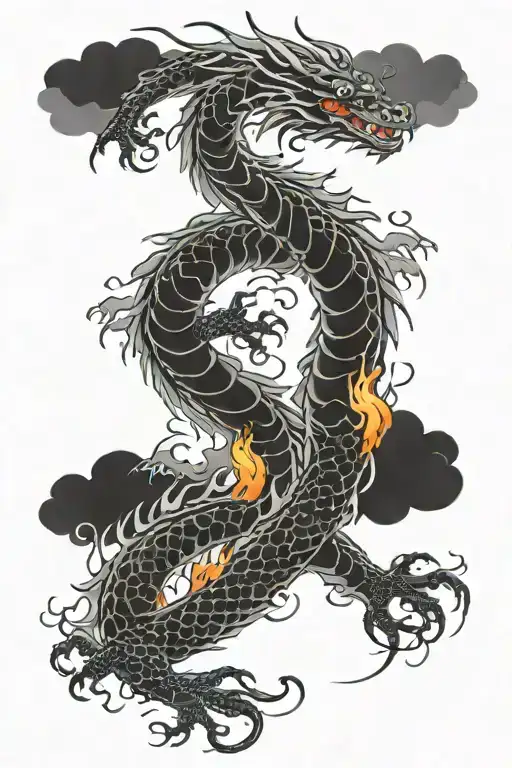 Long Dragon With Fire And Clouds Back Ground