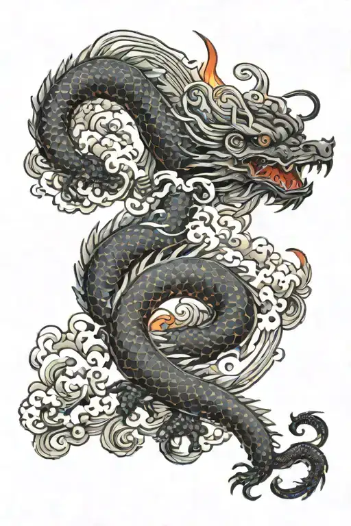 Long Dragon With Fire And Clouds Back Ground