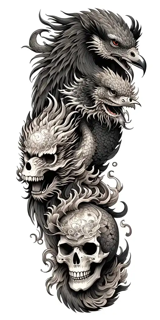 Chinese Dragon And Phoenix And Skull And Moon And Raven