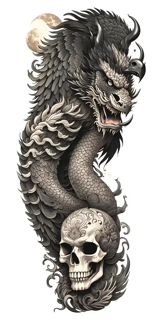 Chinese Dragon And Phoenix And Skull And Moon And Raven