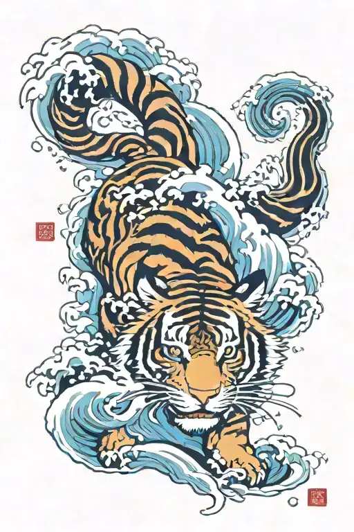 Tiger And Waves Flowing