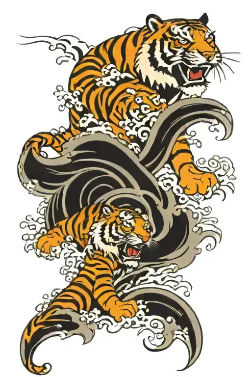 Tiger And Waves Flowing