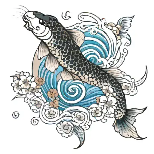 Koi Fish Flowers Waves