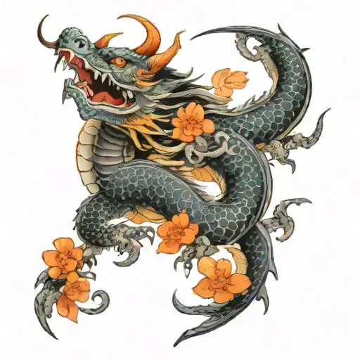 Dragon Japones Con Flores De Loto