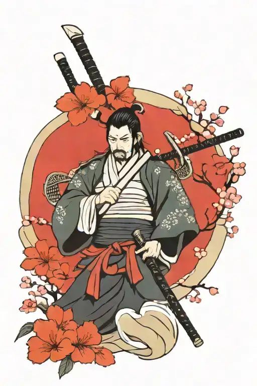 Samurai Standing Against Cherry Blossoms