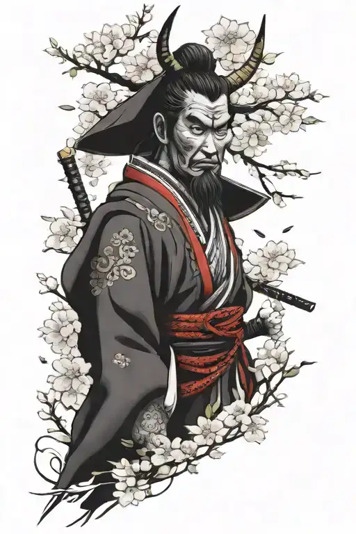 Samurai And Oni Standing Against Cherry Blossoms