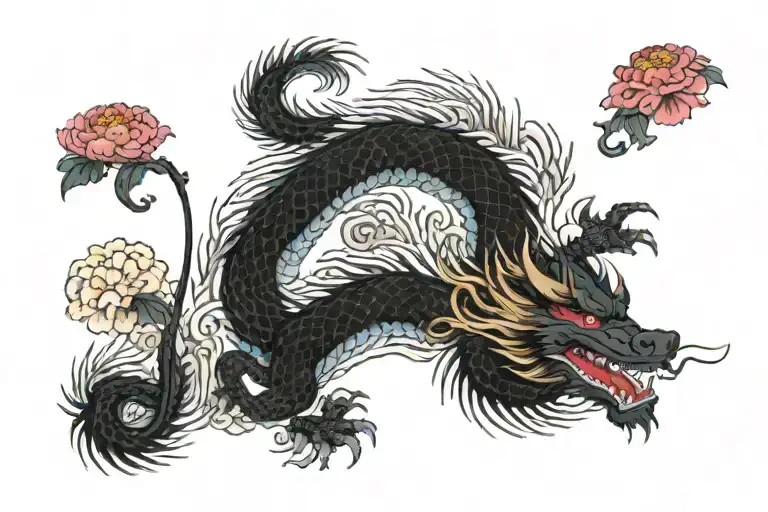 Japanese Dragon With Traditional Waves Surrounded By Peony