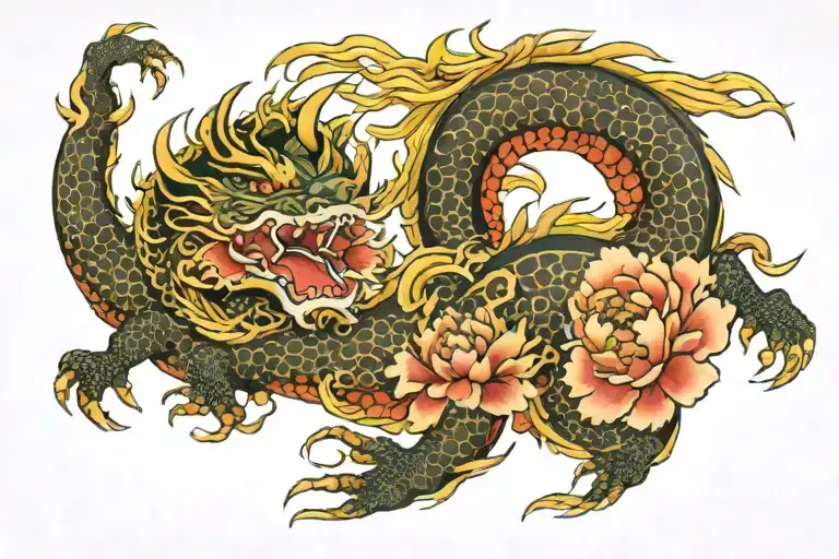 Japanese Dragon With Traditional Waves Surrounded By Peony