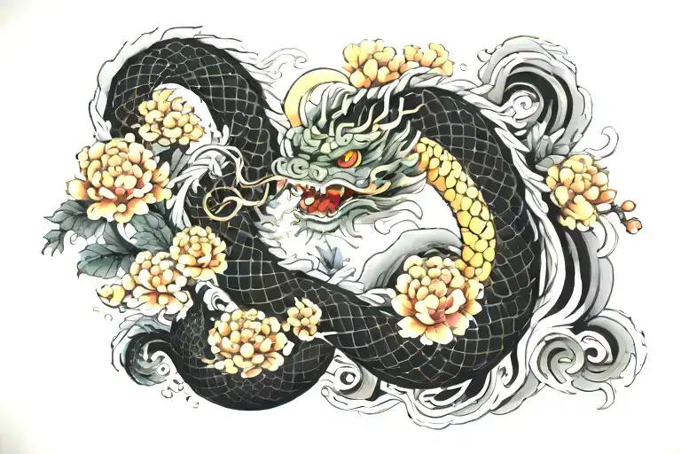 Japanese Dragon With Traditional Waves Surrounded By Peony