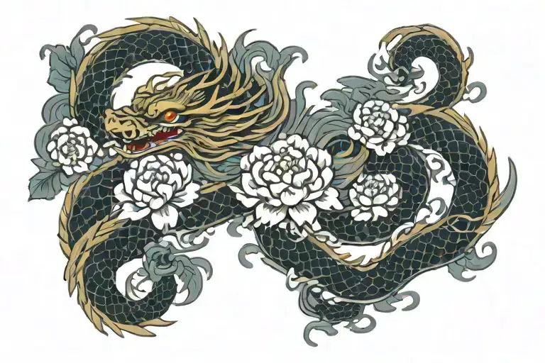 Japanese Long Res Dragon With Traditional Waves Surrounded By Peony