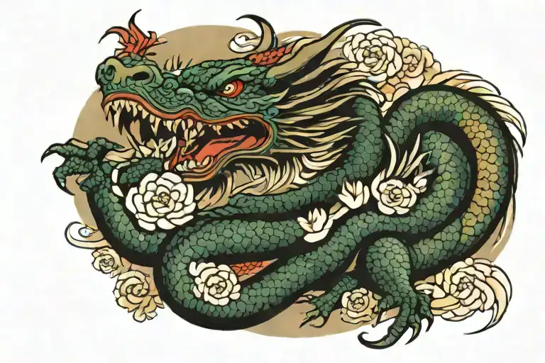 Japanese Long Res Dragon With Traditional Waves Surrounded By Peony