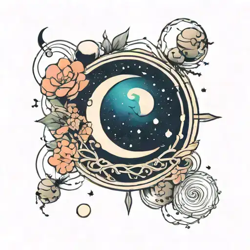 A Minimalist Tattoo Of A Crescent Moon Surrounded By A Ring Of Tiny Planets