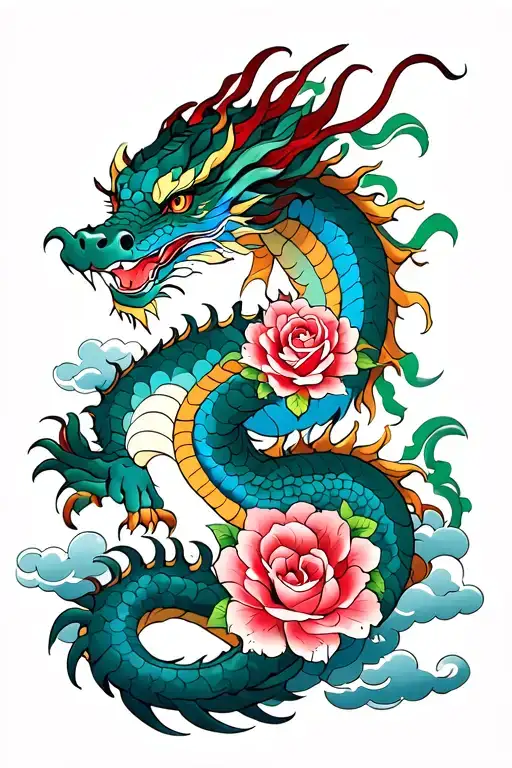 A Dragon And Roses And Clouds