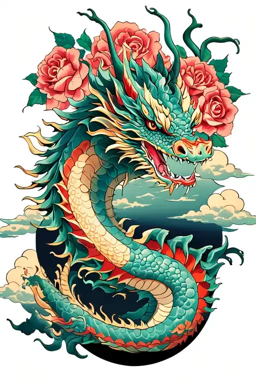 A Dragon And Roses And Clouds With A Dark Background