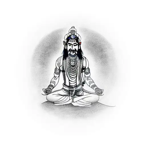 Indian Shaman With A Pipe In His Hands Sits In The Lotus Position