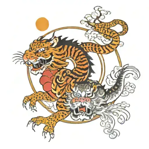 Dragon And Tiger Around Full Moon