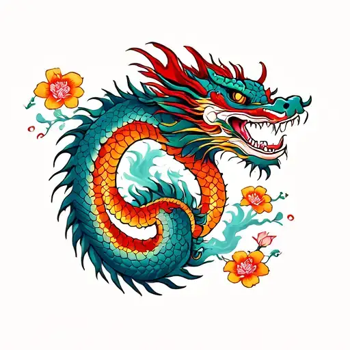 Chinese Dragon With Long Body In Traditional Style With Steam Around And Flowers