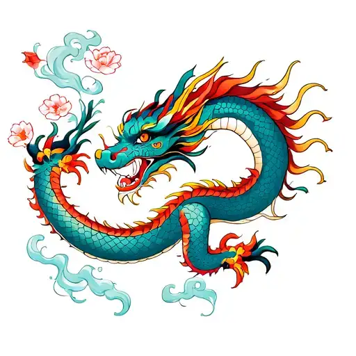 Chinese Dragon With Long Body And Tail In Traditional Style With Steam Around And Flowers