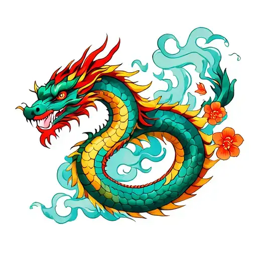 Chinese Dragon With All Its Tail Visible In Traditional Style With Steam Around And Flowers