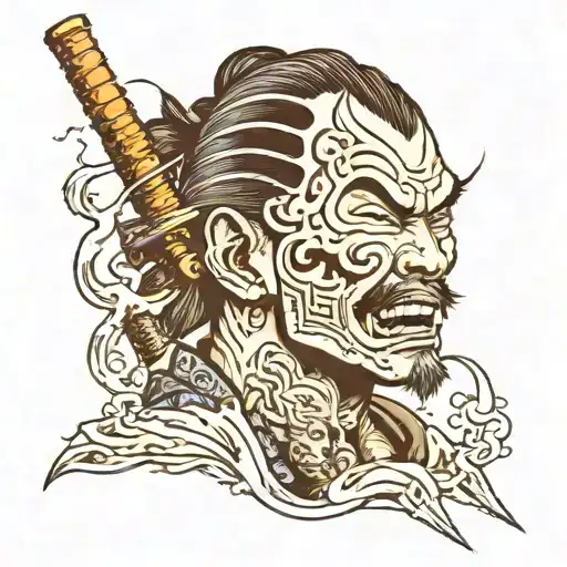 A Guy With Katana In His Mouth And A Torch In One Hand And The Beheaded Head In Other