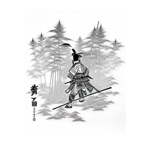 Samurai Silhouette In Bamboo Forest